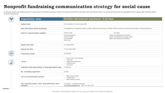 Nonprofit Fundraising Communication Strategy For Social Cause Ppt Icon Graphics Template PDF