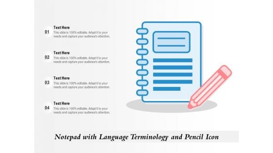 Notepad With Language Terminology And Pencil Icon Ppt PowerPoint Presentation Pictures Template PDF