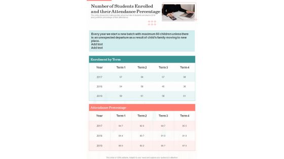 Number Of Students Enrolled And Their Attendance Percentage One Pager Documents