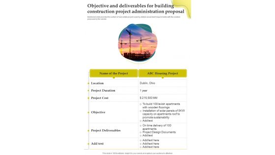 Objective And Deliverables For Building Construction Project Administration Proposal One Pager Sample Example Document