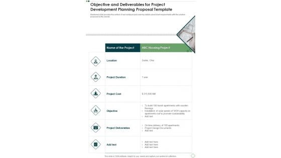 Objective And Deliverables For Project Development Planning Template One Pager Sample Example Document