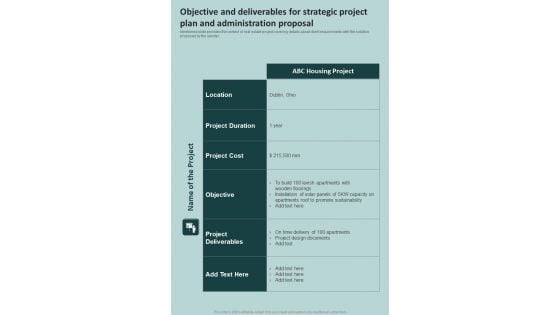 Objective Deliverables Strategic Project Plan Administration Proposal One Pager Sample Example Document