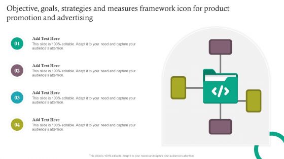 Objective Goals Strategies And Measures Framework Icon For Product Promotion And Advertising Summary PDF