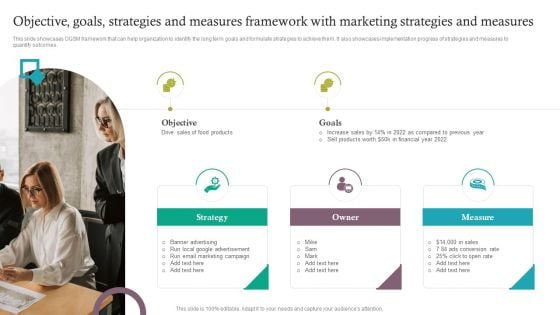 Objective Goals Strategies And Measures Framework With Marketing Strategies And Measures Diagrams PDF