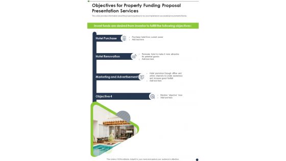 Objectives For Property Funding Proposal Presentation Services One Pager Sample Example Document