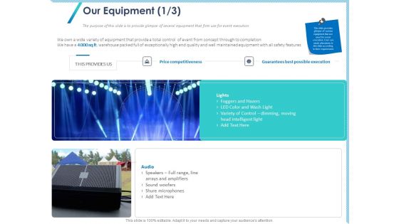Occasion Planning Firm Overview Our Equipment Audio Ppt Model Designs Download PDF