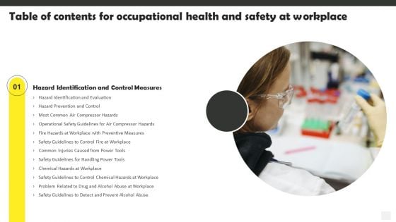 Occupational Health And Safety At Workplace Table Of Contents Demonstration PDF