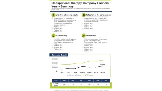 Occupational Therapy Company Financial Yearly Summary One Pager Documents