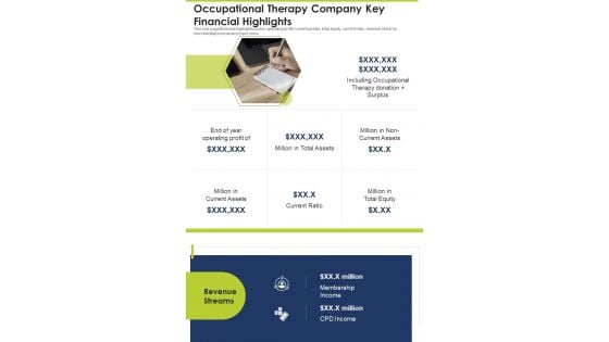 Occupational Therapy Company Key Financial Highlights One Pager Documents