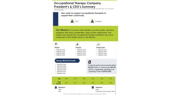 Occupational Therapy Company Presidents And Ceos Summary One Pager Documents