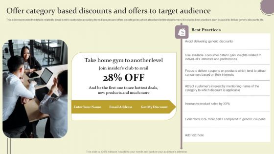 Offer Category Based Discounts And Offers To Target Audience Ppt Infographic Template Icon PDF