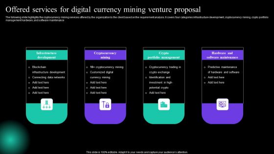 Offered Services For Digital Currency Mining Venture Proposal Inspiration PDF