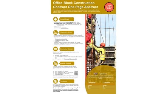 Office Block Construction Contract One Page Abstract PDF Document PPT Template