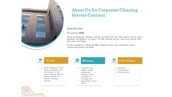 Office Cleaning Service About Us For Corporate Cleaning Service Contract Ppt Slides Diagrams PDF