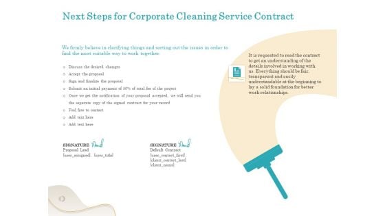 Office Cleaning Service Next Steps For Corporate Cleaning Service Contract Ppt Pictures Master Slide PDF