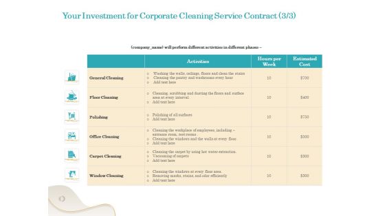 Office Cleaning Service Your Investment For Corporate Contract Ppt Slides Deck PDF