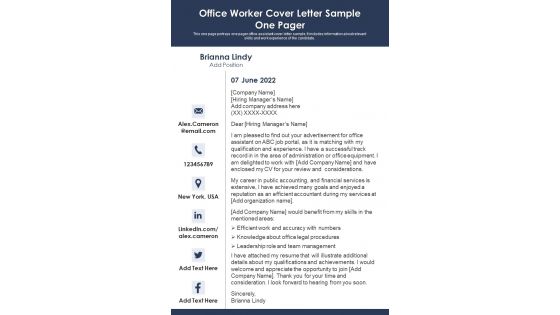 Office Worker Cover Letter Sample One Pager PDF Document PPT Template