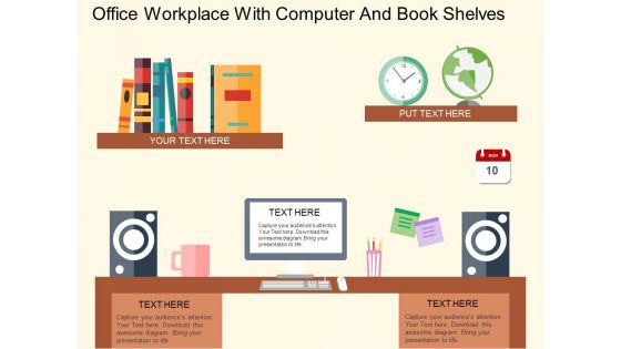 Office Workplace With Computer And Book Shelves Powerpoint Templates