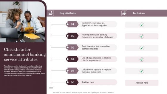 Omnichannel Services Solution In Financial Sector Checklists For Omnichannel Banking Service Attributes Brochure PDF