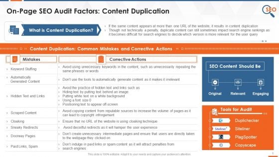 On Page SEO Audit Factor Content Duplication Training Ppt