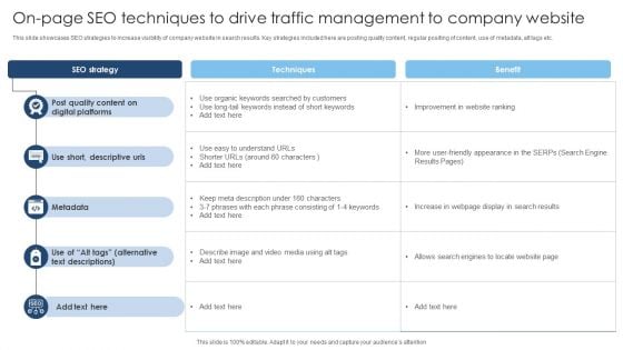 On Page SEO Techniques To Drive Traffic Management To Company Website Background PDF