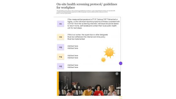 On Site Health Screening Protocol Guidelines For Workplace One Pager Sample Example Document