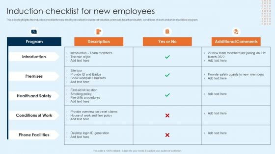 Onboarding Brochure For New Employees Induction Checklist For New Employees Designs PDF