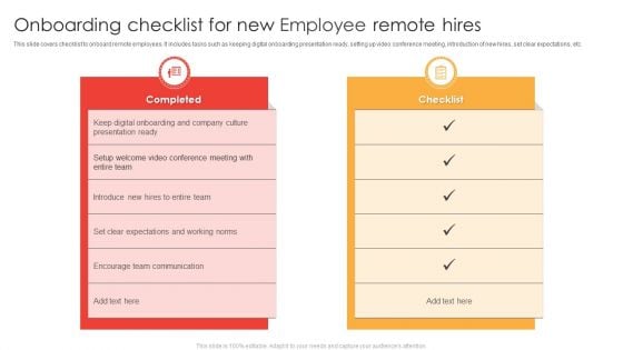 Onboarding Checklist For New Employee Remote Hires Ppt File Summary PDF