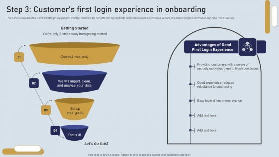 Onboarding Journey For Effective Client Communication Step 3 Customers First Login Experience Onboarding Background PDF