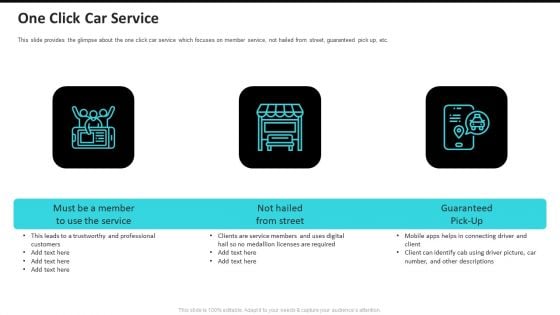 One Click Car Service Uber Cab Elevator Funding Deck Ppt Ideas Demonstration PDF