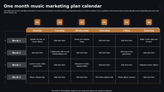 One Month Music Marketing Plan Calendar Ideas PDF