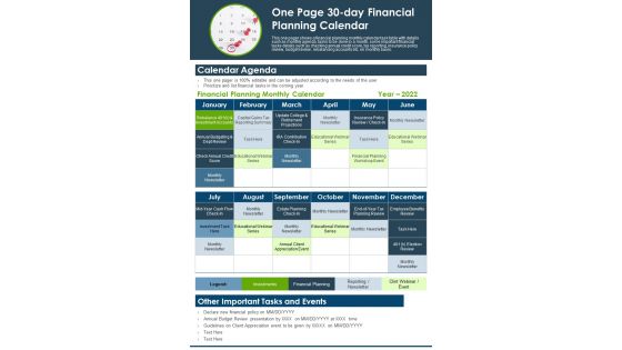 One Page 30 Day Financial Planning Calendar PDF Document PPT Template