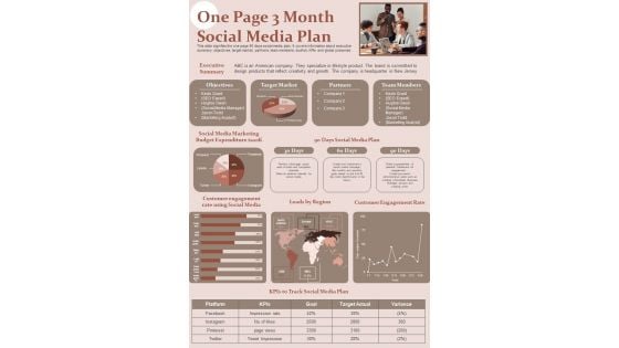 One Page 3 Month Social Media Plan PDF Document PPT Template