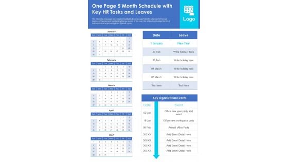 One Page 5 Month Schedule With Key HR Task And Leaves PDF Document PPT Template