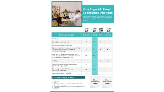 One Page API Event Sponsorship Package PDF Document PPT Template