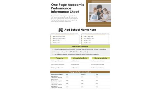 One Page Academic Performance Informance Sheet PDF Document PPT Template