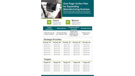 One Page Action Plan For Expanding Manufacturing Business PDF Document PPT Template