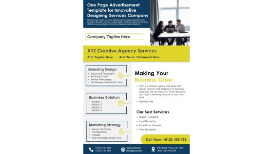 One Page Advertisement Template For Innovative Designing Services Company PDF Document PPT Template