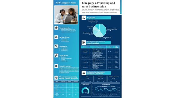 One Page Advertising And Sales Business Plan PDF Document PPT Template