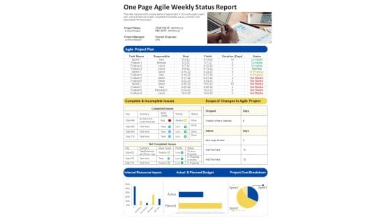 One Page Agile Weekly Status Report PDF Document PPT Template