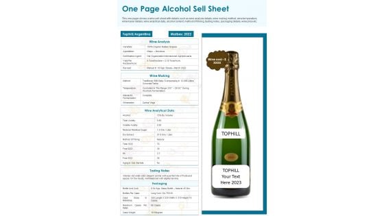 One Page Alcohol Sell Sheet PDF Document PPT Template