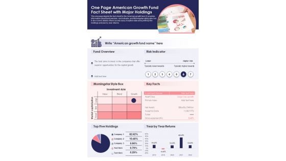 One Page American Growth Fund Fact Sheet With Major Holdings PDF Document PPT Template