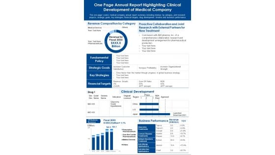One Page Annual Report Highlighting Clinical Development Of Medical Company PDF Document PPT Template