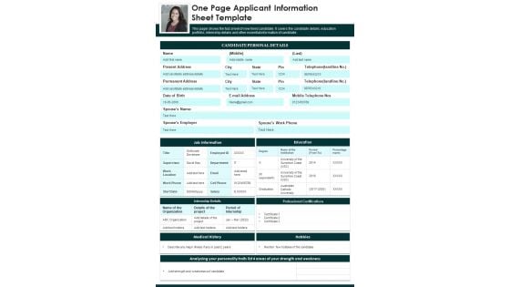 One Page Applicant Information Sheet Template PDF Document PPT Template