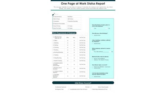 One Page At Work Status Report PDF Document PPT Template