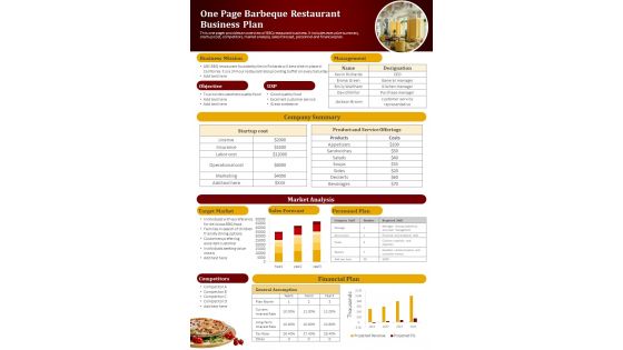 One Page Barbeque Restaurant Business Plan PDF Document PPT Template