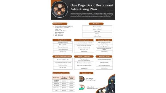 One Page Basic Restaurant Advertising Plan PDF Document PPT Template