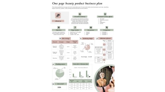 One Page Beauty Product Business Plan PDF Document PPT Template