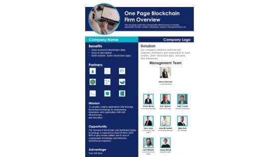 One Page Blockchain Firm Overview PDF Document PPT Template