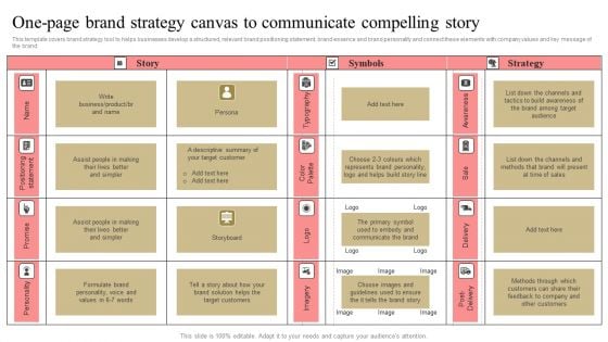 One Page Brand Strategy Canvas To Communicate Compelling Story Brochure PDF
